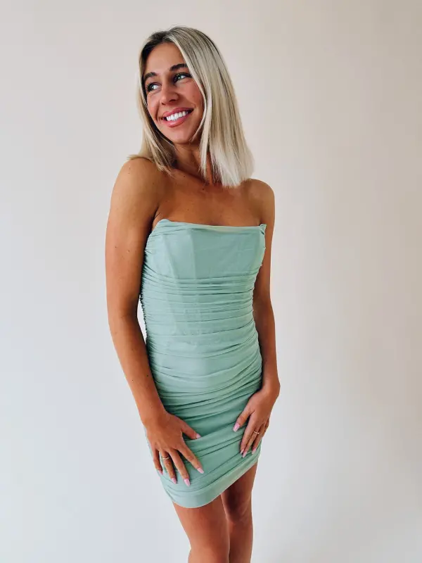 Brinlee Ruched Strapless Mini Dress In Sage-74580