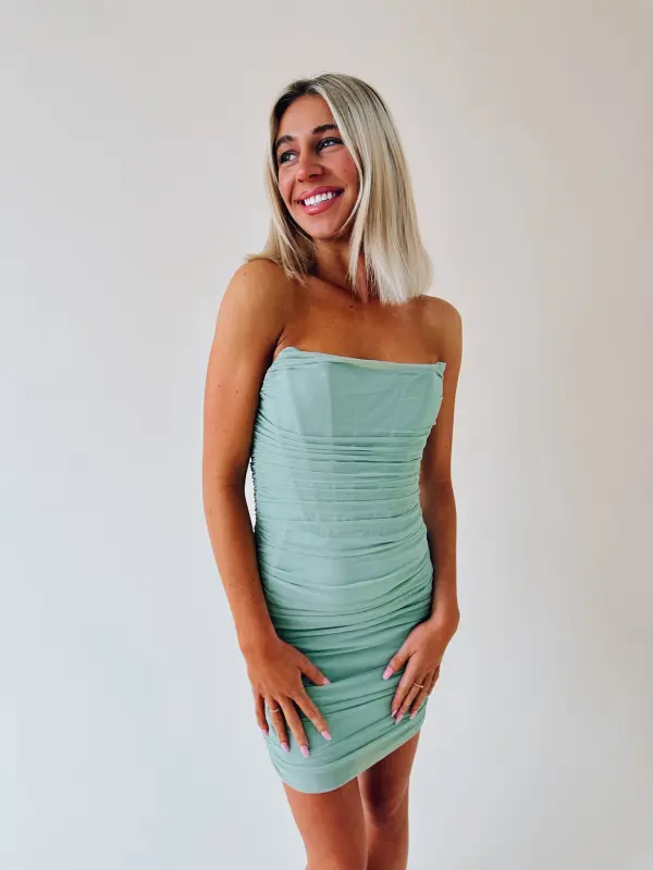 Brinlee Ruched Strapless Mini Dress In Sage