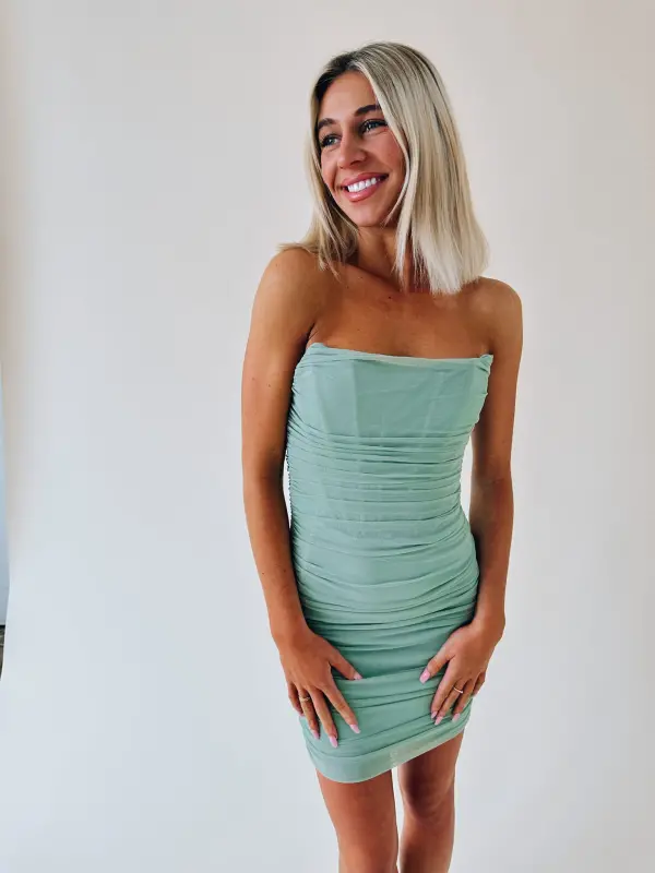 Brinlee Ruched Strapless Mini Dress In Sage