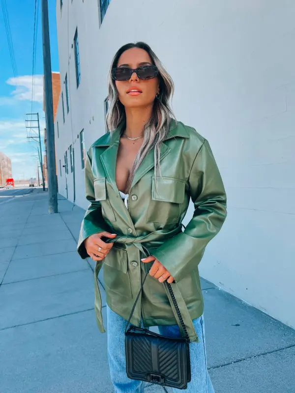 Green Pleather Belted Shacket