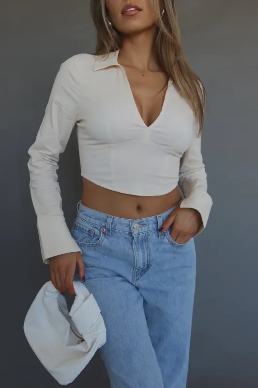 Emory Collared Long Sleeve Top In Taupe