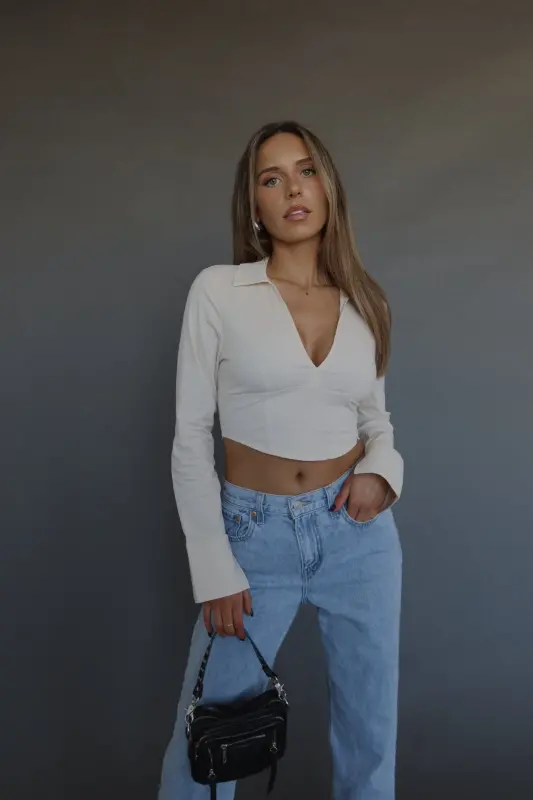 Emory Collared Long Sleeve Top In Taupe