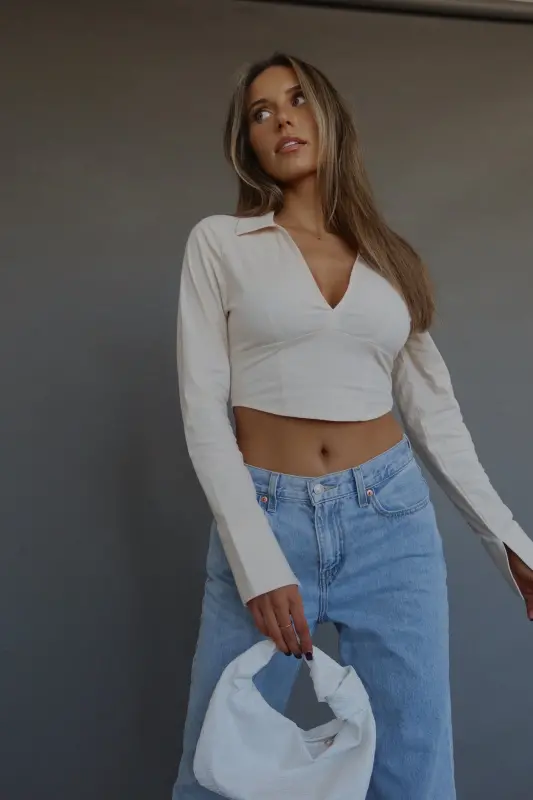 Emory Collared Long Sleeve Top In Taupe